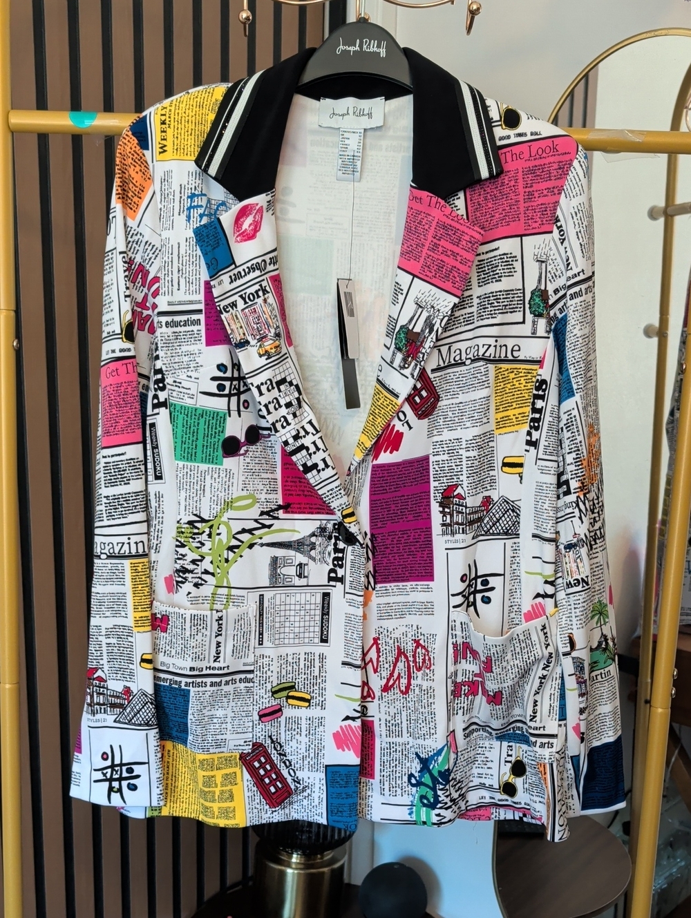 Joseph Ribkoff Multicolor Newspaper-Print Blazer, Black Notch Collar, Size 12 - Picture 6 of 9